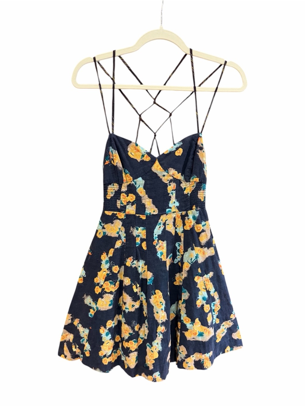 Vintage FREE PEOPLE Y2K Linen Cotton Blend Strappy Dress Floral Navy‎ 4